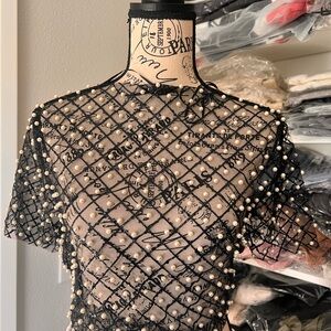 Elegant Black Pearl-Studded Mesh Blouse